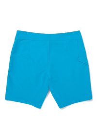 Blaue Schwimmshorts mit glatter Textur, ausgestattet mit zwei Gesäßtaschen und einer Seitentasche zur Aufbewahrung. Einfaches, funktionales Design.