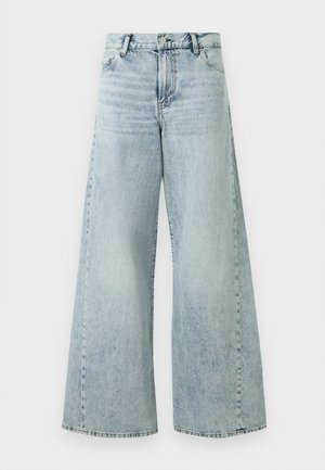 Lichtblauwe denim wijde broek met hoge taille, voorzien van een knoopsluiting, vijf zakken en rafelige zoomdetails.