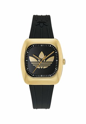 Firkantet armbåndsur i guldfarvet metal med sort urskive, der har en stor guldfarvet Adidas-logo, og en sort silikonerem med præget logo.