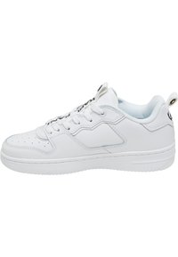 White sneaker with smooth leather upper, perforated toe, padded collar, flat laces, and rubber outsole. Features a silver accent and logo.