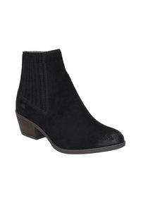 Bottine en cuir suédé noir avec un bout pointu, des panneaux latéraux élastiques et un talon empilé, ornée de coutures décoratives le long des coutures.