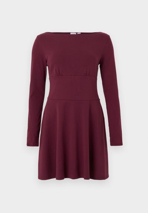 Long-sleeve, maroon, knee-length dress with a fitted waist and boat neckline, displayed on a plain white background.