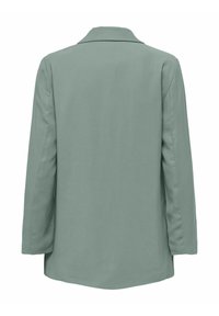 Lichtgroene blazer met lange mouwen, een notch-kraag en een gladde stofstructuur. Heeft een verkorte rugstijl en minimale details.