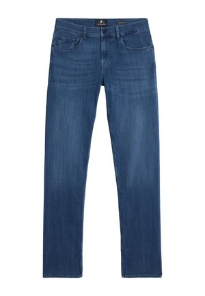 Blue denim jeans with a straight cut, five pockets, subtle fading, and a classic button closure at the waist. Material is soft and durable.