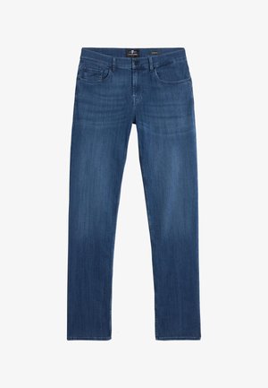 Blue denim jeans with a straight cut, five pockets, subtle fading, and a classic button closure at the waist. Material is soft and durable.