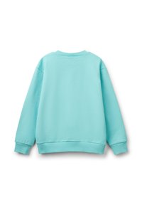 Light blue sweatshirt with a round neckline, ribbed cuffs, and hem, smooth texture, and no visible designs or embellishments on the back.