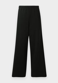 Pantalons larges noirs en tissu doux. Dotés d'une taille élastique, d'une texture lisse et d'un design simple et moderne sans motifs.