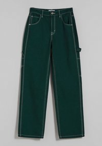 Tummanvihreät suorat työhousut, joissa on valkoiset kontrastitikkaukset, etu- ja sivutaskut, napitus sekä työkalukoukku oikeassa lahkeessa.