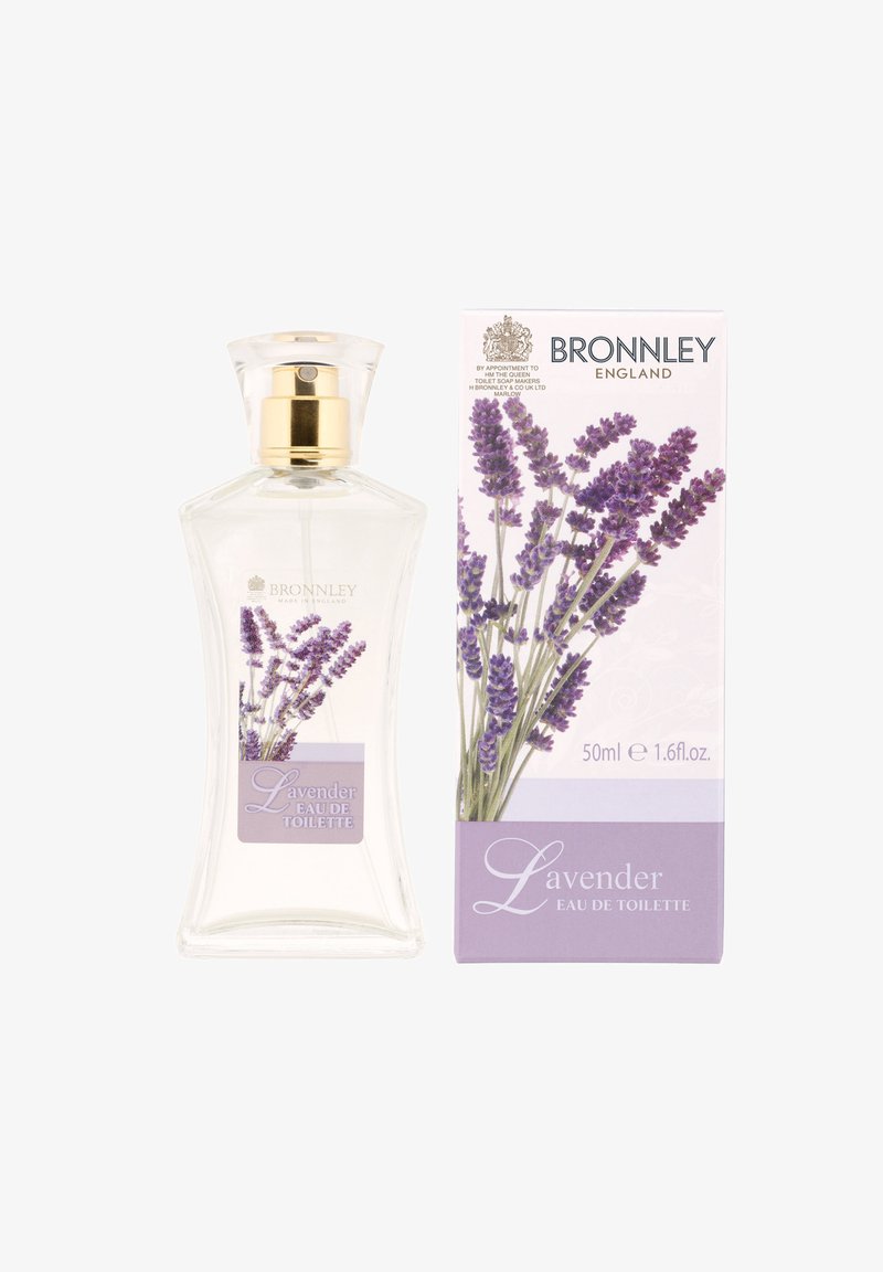 Clear glass perfume bottle with gold spray cap and lavender illustration next to matching box featuring lavender flowers and brand text.
