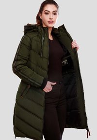 Padded dark green parka with a hood, zip front, and diagonal stitching. Features black interior lining and side pockets.