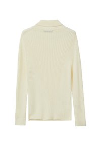 Pull en crème côtelé avec un col châle et des manches longues, présentant un motif tricoté texturé et un ourlet droit.