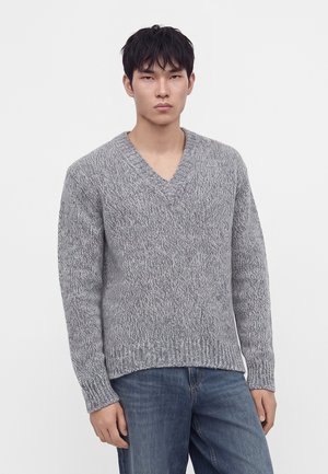 Jeune homme aux cheveux courts et noirs, portant un pull en maille gris à col en V et un jean bleu, debout devant un fond blanc uni.