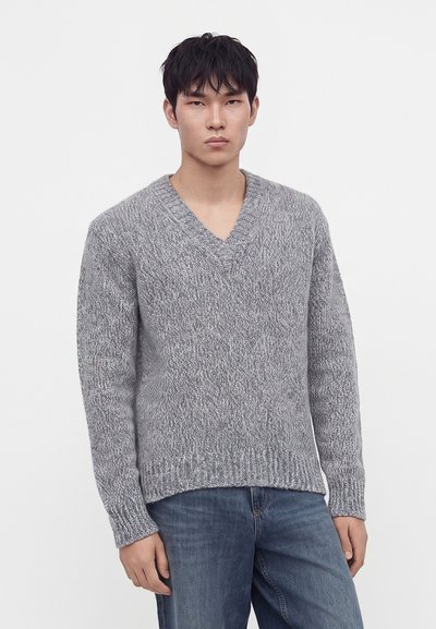 Jeune homme aux cheveux courts et noirs, portant un pull en maille gris à col en V et un jean bleu, debout devant un fond blanc uni.