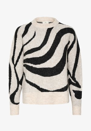 Pull en tricot couleur crème avec des bandes ondulées noires prononcées, col rond, manches longues, et finitions côtelées aux ourlets et aux poignets. Texture douce, poids moyen.