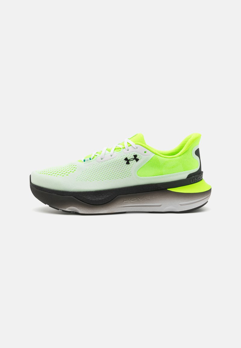 Lightweight running shoes in neon green mesh and textile. Features a black rubber sole and gray midsole with "HOVR" embossed detail.