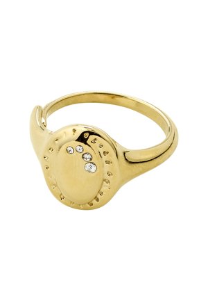 Goldener Ring mit ovalem Gesicht, verziert mit vier kleinen klaren Steinen und einem gepunkteten Muster am Rand.