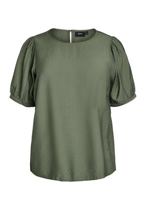 Olīvu zaļa īsām piedurknēm blūze ar apaļu dekoltē, mīkstu tekstūru un smalku spīdumu, ar mazu atslēgas caurumu aizmugurē.