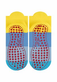 Bunte Knöchelsocken mit gelbem Abschluss, blau-grauen Streifen, roten Gummipunkten an der Sohle und "FALKE 27-30" in Rot aufgedruckt.