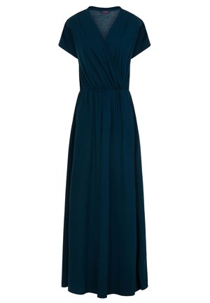 Vestido maxi en verde azulado oscuro, con un diseño cruzado, mangas cortas y una cinturilla elástica para un ajuste relajado. Tejido suave y falda de longitud completa.