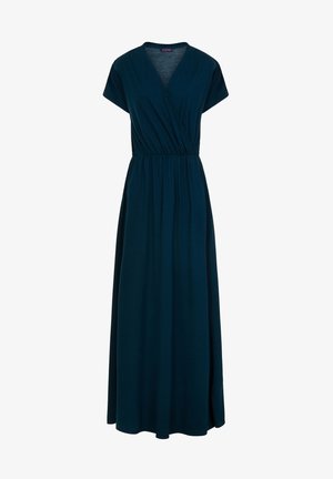 Robe maxi en vert foncé, avec un design enroulé, des manches courtes et une taille élastique pour un ajustement décontracté. Tissu lisse et jupe longue.