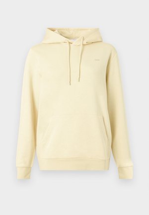 Felpa gialla chiaro con tasca frontale, maniche lunghe, cappuccio regolabile con cordino e un piccolo logo in rilievo sul petto. Tessuto morbido.