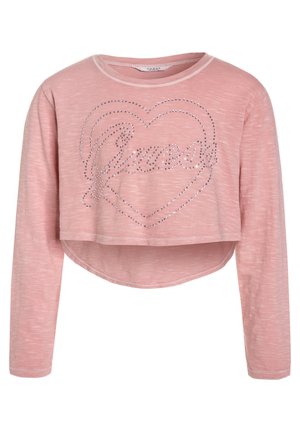 Pink kortærmet langærmet skjorte med rund halsudskæring, forsynet med et hjerte design lavet af sølv rhinsten og en blød tekstur.