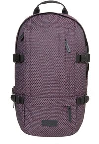 Fialový batoh s diamantovým vzorem, nastavitelnými popruhy, několika přezkami a přední kapsou na zip pro zvýšení úložného prostoru.