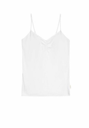 Top de camisola blanco con tirantes finos ajustables y detalle fruncido en la parte delantera, hecho de tela lisa y ligera para mayor comodidad.