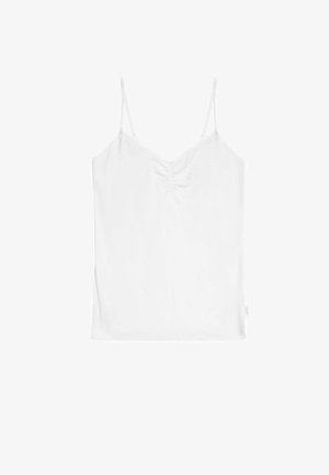 Top de camisola blanco con tirantes finos ajustables y detalle fruncido en la parte delantera, hecho de tela lisa y ligera para mayor comodidad.