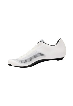 Sleek white cycling shoe with black sole and mesh side paneling, designed for aerodynamic performance and breathability.