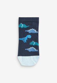 Mørkeblå bomuldsstrømper med et dinosaurmønster i nuancer af teal og lyseblå, med en lyseblå ribkant og blød tekstur.