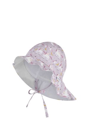 Cappello da sole per bambini con motivo di unicorni viola chiaro, tesa ampia e ondulata, e laccio regolabile sotto il mento.