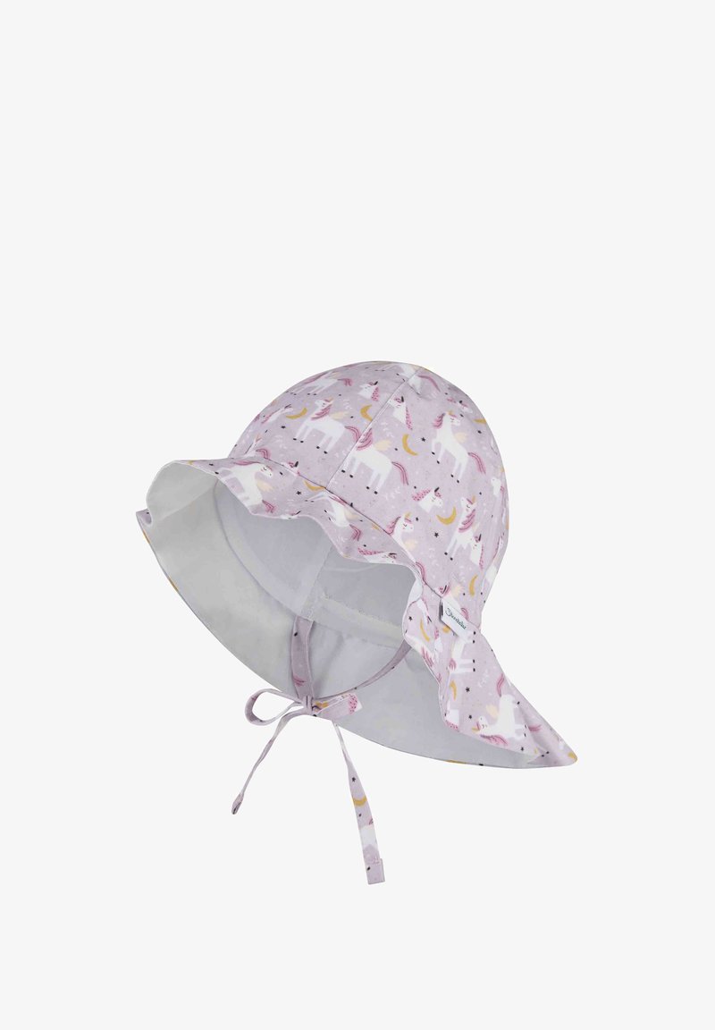 Chapeau de soleil pour enfants avec motif licorne violet clair, large bord ondulé et lien ajustable sous le menton.