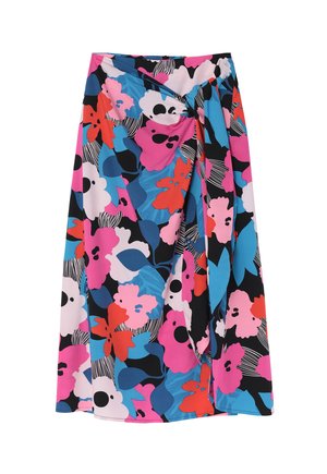 Blumen-Midi-Rock mit einer bunten Mischung aus rosa, rot, blau und schwarzen Mustern, hergestellt aus einem glatten Stoff mit einem Wickeldesign.