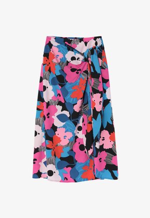 Gėlių midi sijonas, pasižymintis spalvingu rožinės, raudonos, mėlynos ir juodos spalvų mišiniu, pagamintas iš lygaus audinio su įvyniojimo dizainu.