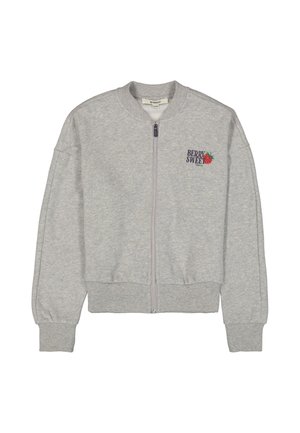 Light grey zip-up sweatshirt with ribbed cuffs and hem, "Berry Sweet" text and a small strawberry graphic on the left chest.