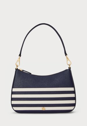 Borsa navy con strisce bianche orizzontali, hardware dorato e materiale testurizzato. Presenta una parte superiore curva e una tracolla singola.
