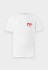 White cotton t-shirt featuring a red graphic on the left chest, depicting a stylized hand and the word "STANK!" in bold lettering.