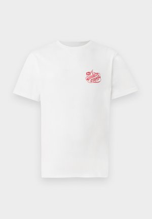 White cotton t-shirt featuring a red graphic on the left chest, depicting a stylized hand and the word "STANK!" in bold lettering.
