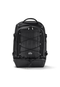 Čierny batoh s textúrovaným povrchom, vybavený nastaviteľnými popruhmi, množstvom priečinkov a elastickým šnúrkovým dizajnom na prednej strane.