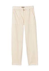 Beige elastische taillebandbroek met een koordsluiting, twee voorzakken en omslagbare pijpen. Gemaakt van zachte, gladde stof met zichtbare stiksels.