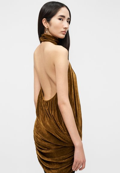 Ženska z dolgimi temnimi lasmi, oblečena v hrbtno odprto rjavo žametno obleko, gleda preko ramena na svetlem enobarvnem ozadju.