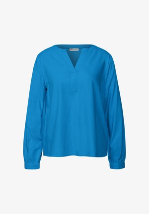 Blusa blu a maniche lunghe con scollatura a V, realizzata in materiale leggero, caratterizzata da una vestibilità ampia e polsini arricciati per una silhouette rilassata.