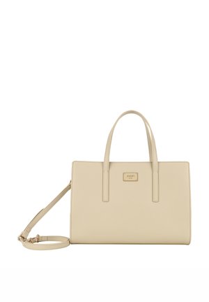 Béžová obdélníková kabelka vyrobená z texturovaného syntetického materiálu, vybavená dvěma horními uchy a odnímatelným ramenním popruhem. Akcent v zlatém tónu s logem.