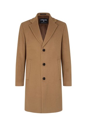 Manteau en mélange de laine couleur camel avec un col cranté, trois boutons à l'avant et deux poches latérales. Texture douce et silhouette ajustée.