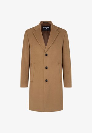 Manteau en mélange de laine couleur camel avec un col cranté, trois boutons à l'avant et deux poches latérales. Texture douce et silhouette ajustée.
