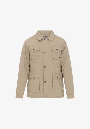 Beige button-up jacket with four front flap pockets, long sleeves, and a pointed collar, displayed on a white background.