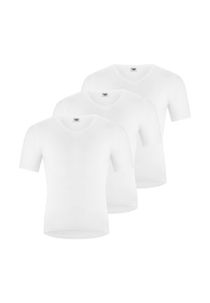 Drei schlichte weiße T-Shirts mit kurzen Ärmeln und V-Ausschnitt, die überlappend vor einem weißen Hintergrund gezeigt werden.