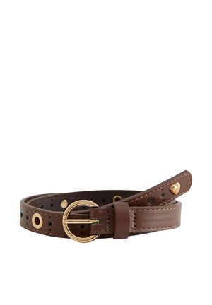 Ceinture en cuir marron avec boucle ronde dorée, petit détail cœur doré et perforations triangulaires noires sur la lanière.