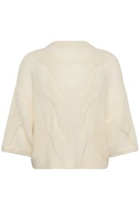 Πλεκτό πουλόβερ σε κρεμ απόχρωση με χαλαρή γραμμή, διακοσμημένο με υφασμένο μοτίβο και κοντά μανίκια. Ριμπ πάτωμα και φαρδιά λαιμόκοψη.
